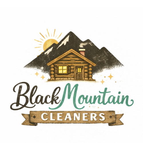 Black Mountain Cleaners logo featuring a rustic cabin with mountains and a sunrise.